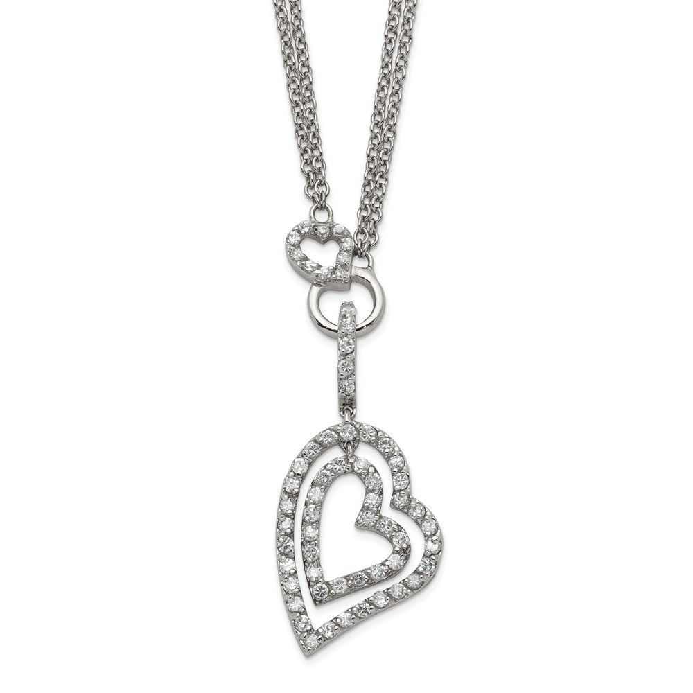 925 Sterling Silver Double Heart CZ (Cubic Zirconia) 16" Length Necklace